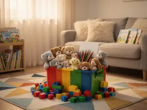 Mama bawi się z 2‑latkiem klockami na dywanie w jasnym salonie, pokazując radosny, wspólny czas w domu.
