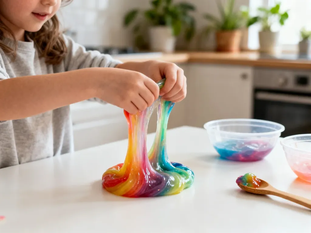 Dziecięce dłonie rozciągają kolorowy, błyszczący slime na białym stole, obok miseczki i łyżka użyte do jego przygotowania.