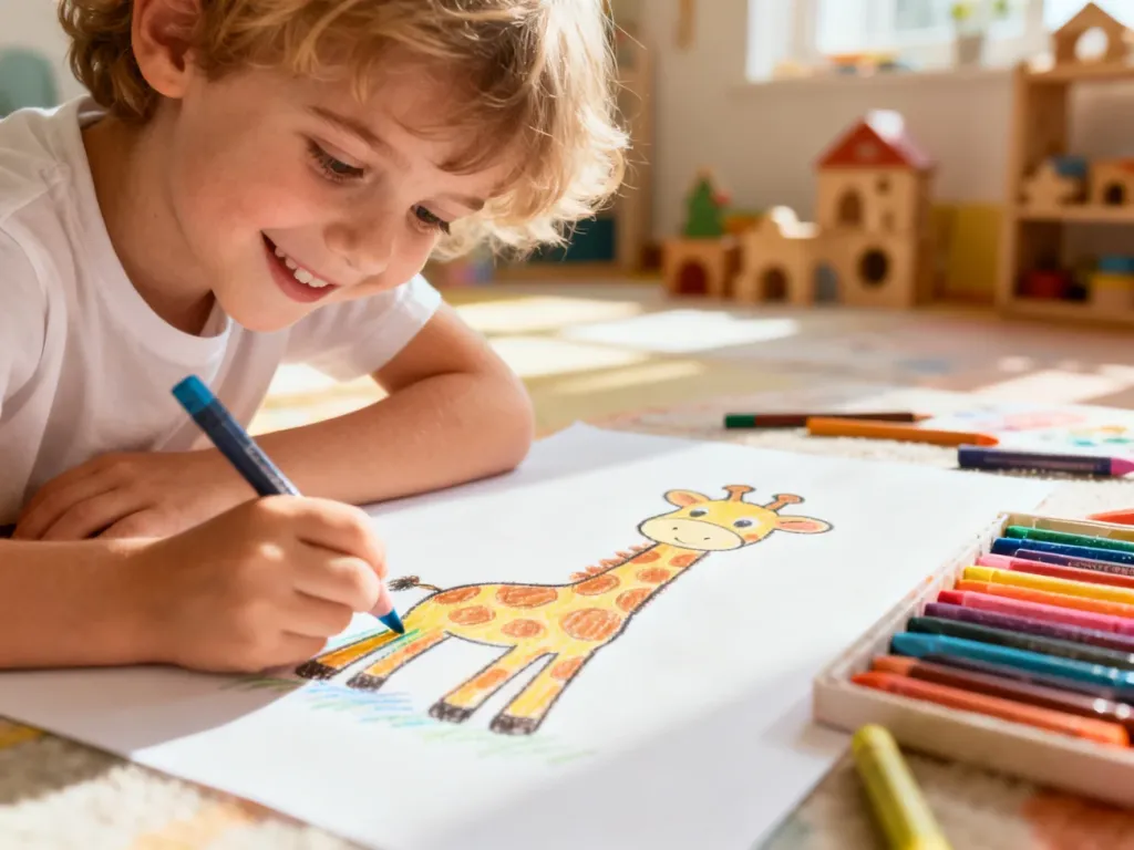 Dziecko z radością rysuje kolorowymi kredkami żyrafę na dużej kartce papieru w przytulnym pokoju zabaw.