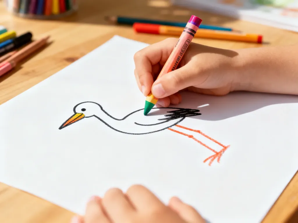 Dziecięca ręka rysująca kredką prosty kontur bociana na białej kartce papieru.