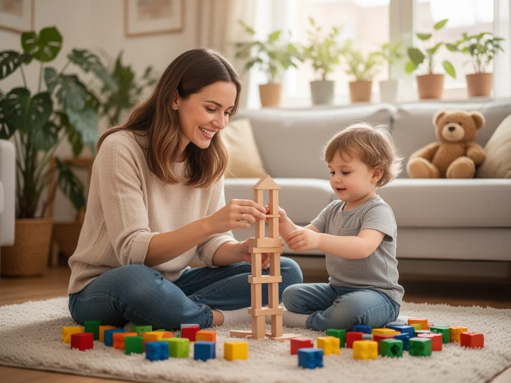 Mama bawi się z 2‑latkiem klockami na dywanie w jasnym salonie, pokazując radosny, wspólny czas w domu.