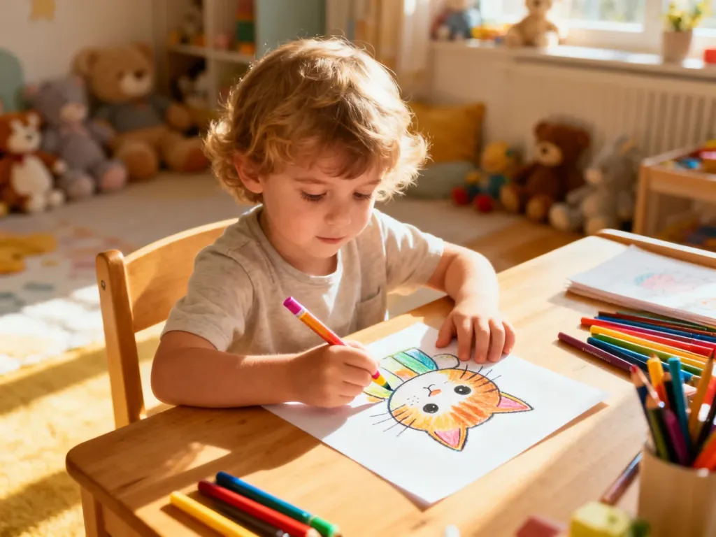 Dziecko siedzące przy biurku i rysujące kredkami kota na kartce papieru w przytulnym pokoju zabaw.
