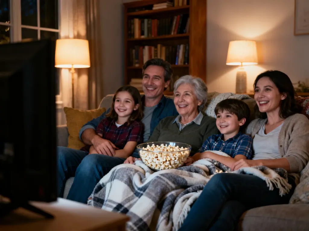 Wielopokoleniowa rodzina wspólnie ogląda film w przytulnym salonie, ciesząc się wieczorem z popcornem.