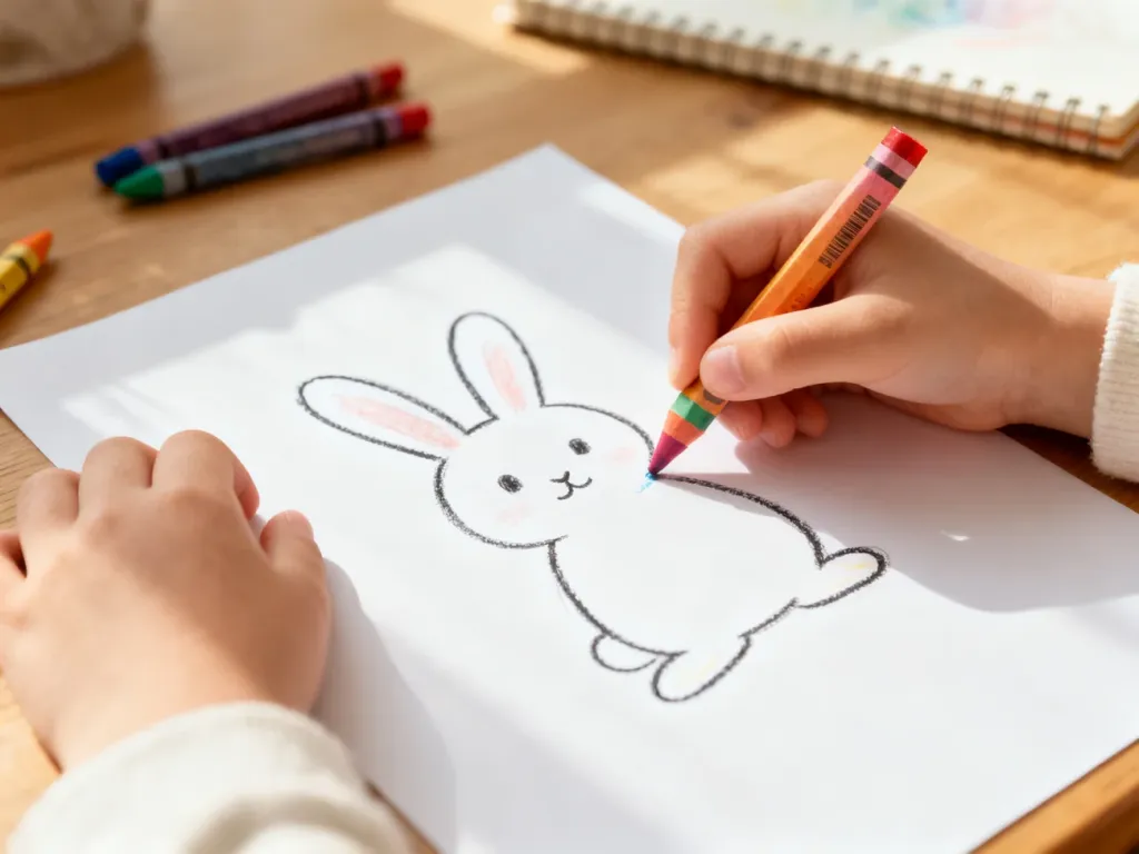 Dziecięce dłonie rysują kredką prosty kontur królika na białej kartce papieru.
