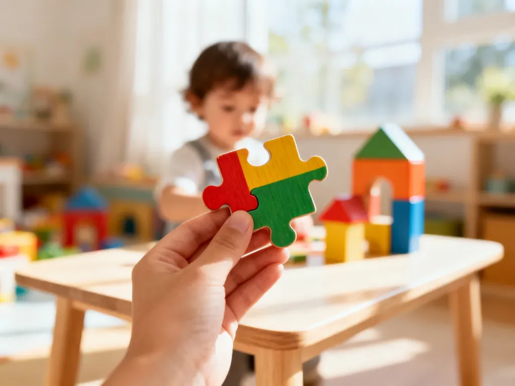 Dziecięca dłoń układająca kolorowe drewniane puzzle na stole, co wspiera rozwój umiejętności logicznych u malucha.