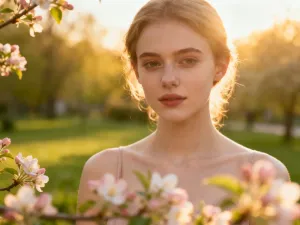 Portret młodej kobiety z delikatnym uśmiechem na tle rozmytego, słonecznego ogrodu.
