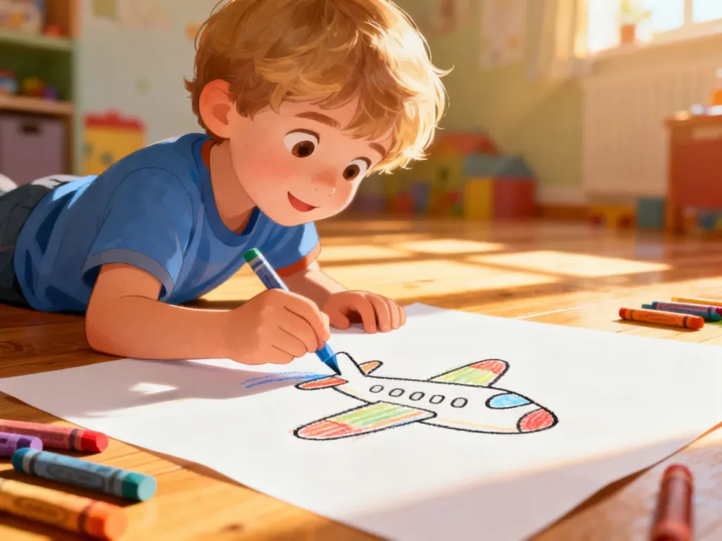 Dziecko rysujące kolorowy samolot kredkami na dużej kartce papieru w przytulnym pokoju zabaw.
