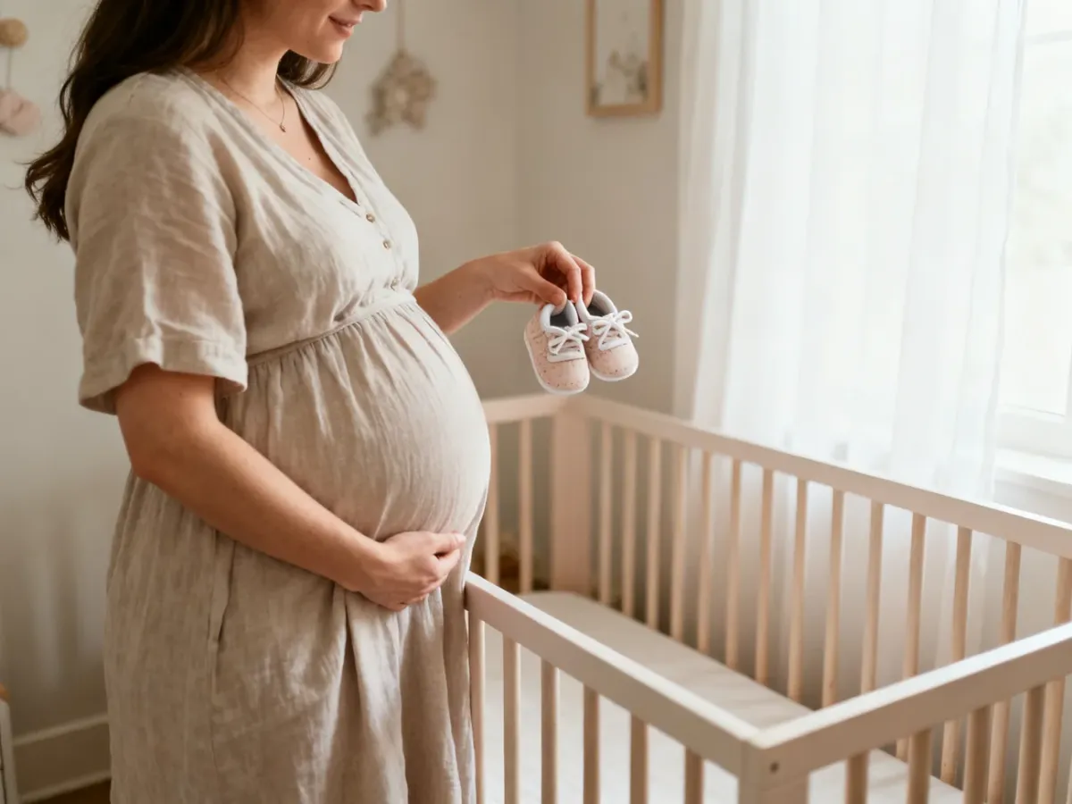 Ciężarna kobieta trzymająca małe buciki przy łóżeczku dziecięcym