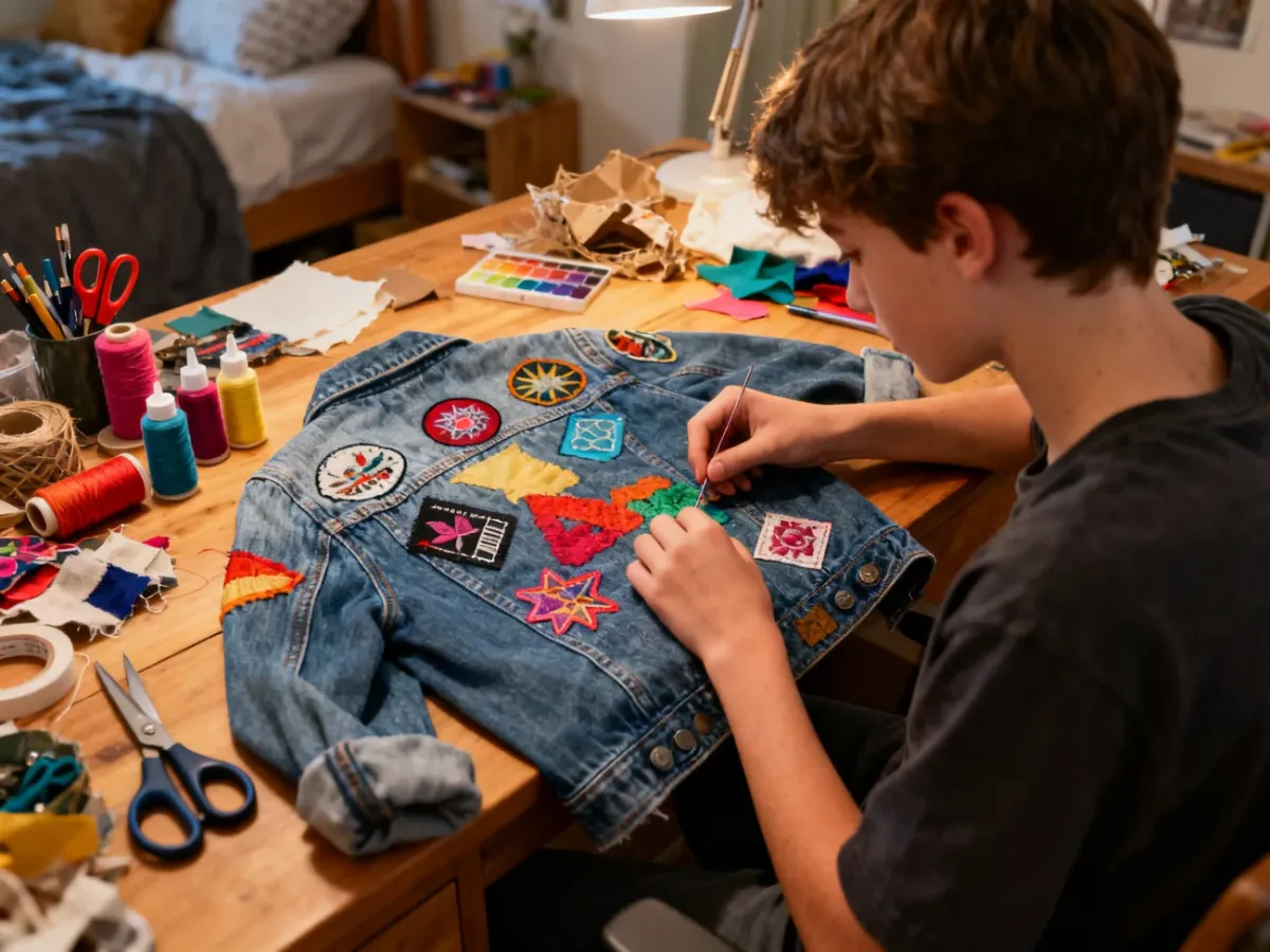 Nastolatek customizujący ubranie przy biurku pełnym materiałów DIY