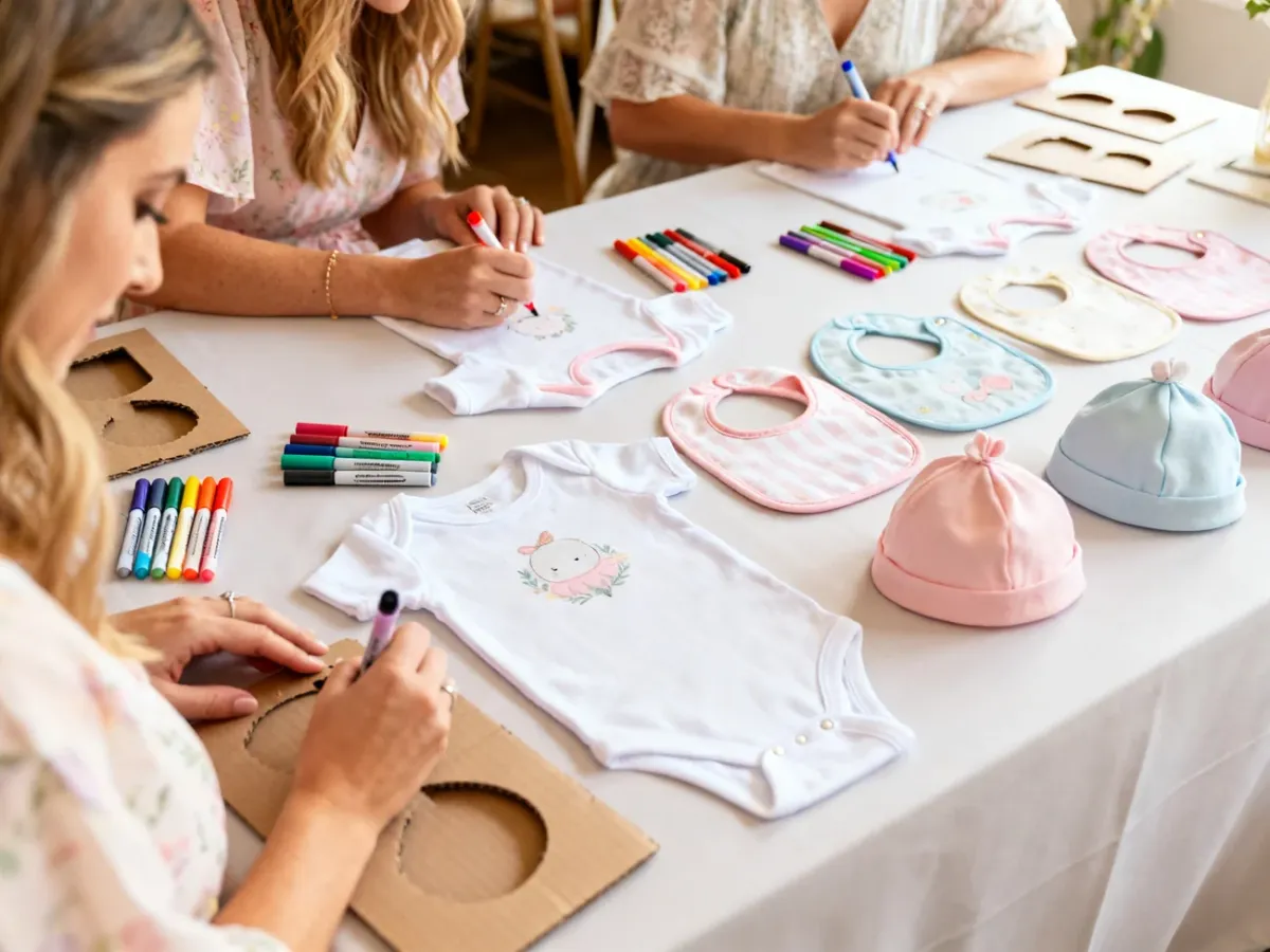 Goście ozdabiający ubranka dla niemowlęcia podczas baby shower