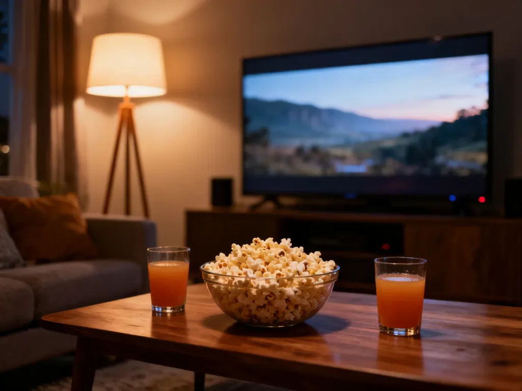 Przytulny salon przygotowany do wspólnego seansu filmowego z miską popcornu i napojami na stoliku.