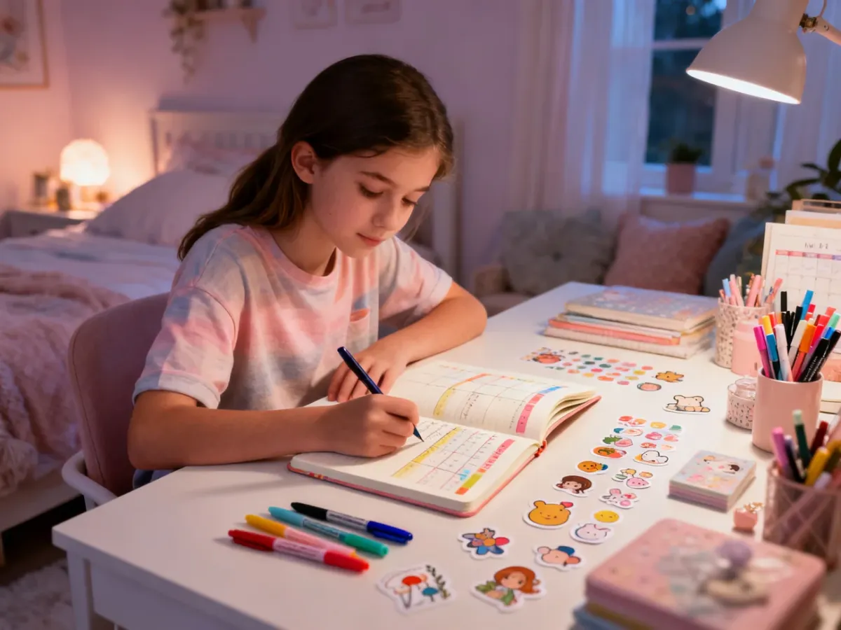 Nastolatek tworzący kolorowy bullet journal w spokojnym, przytulnym pokoju