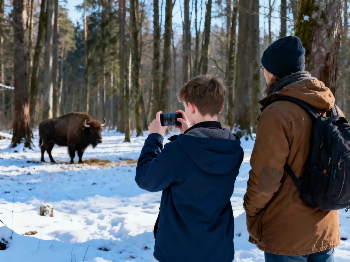 Nastolatek i rodzic fotografujący zimowy las z żubrem w oddali