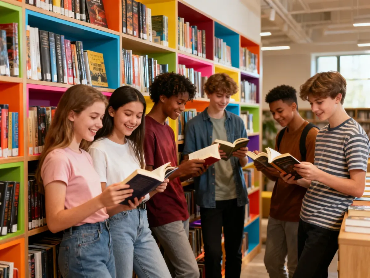 Nastolatkowie wybierający książki w przytulnej bibliotece