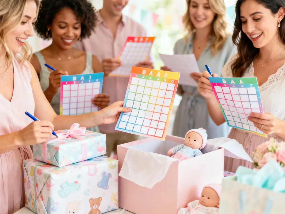 Goście grający w baby bingo podczas otwierania prezentów