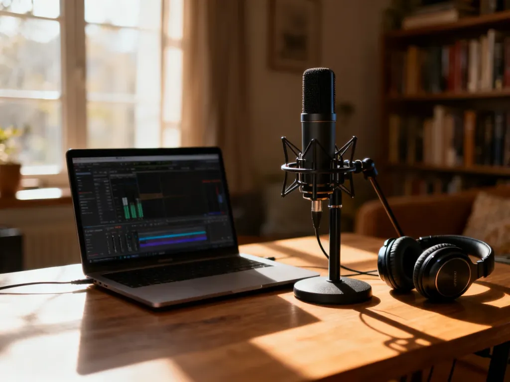Profesjonalne stanowisko do nagrywania podcastów z mikrofonem, słuchawkami i laptopem w przytulnym, domowym studiu.