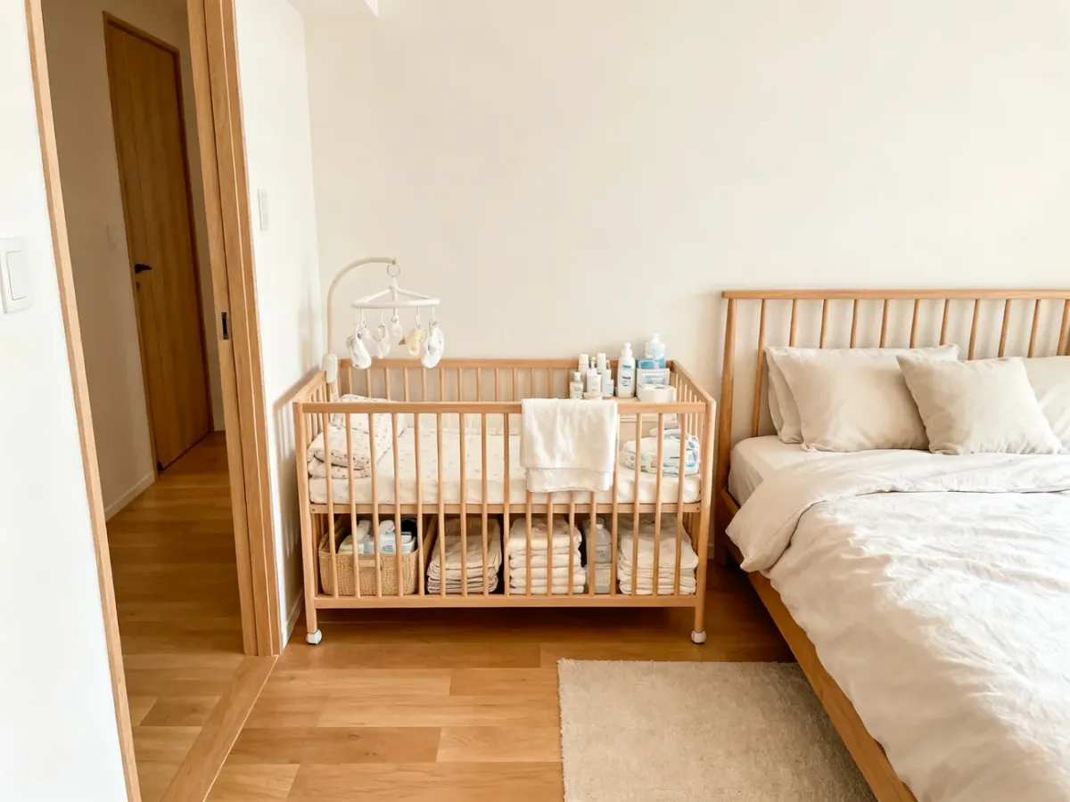 Kompaktowy kącik dla noworodka z łóżeczkiem dostawnym w sypialni rodziców