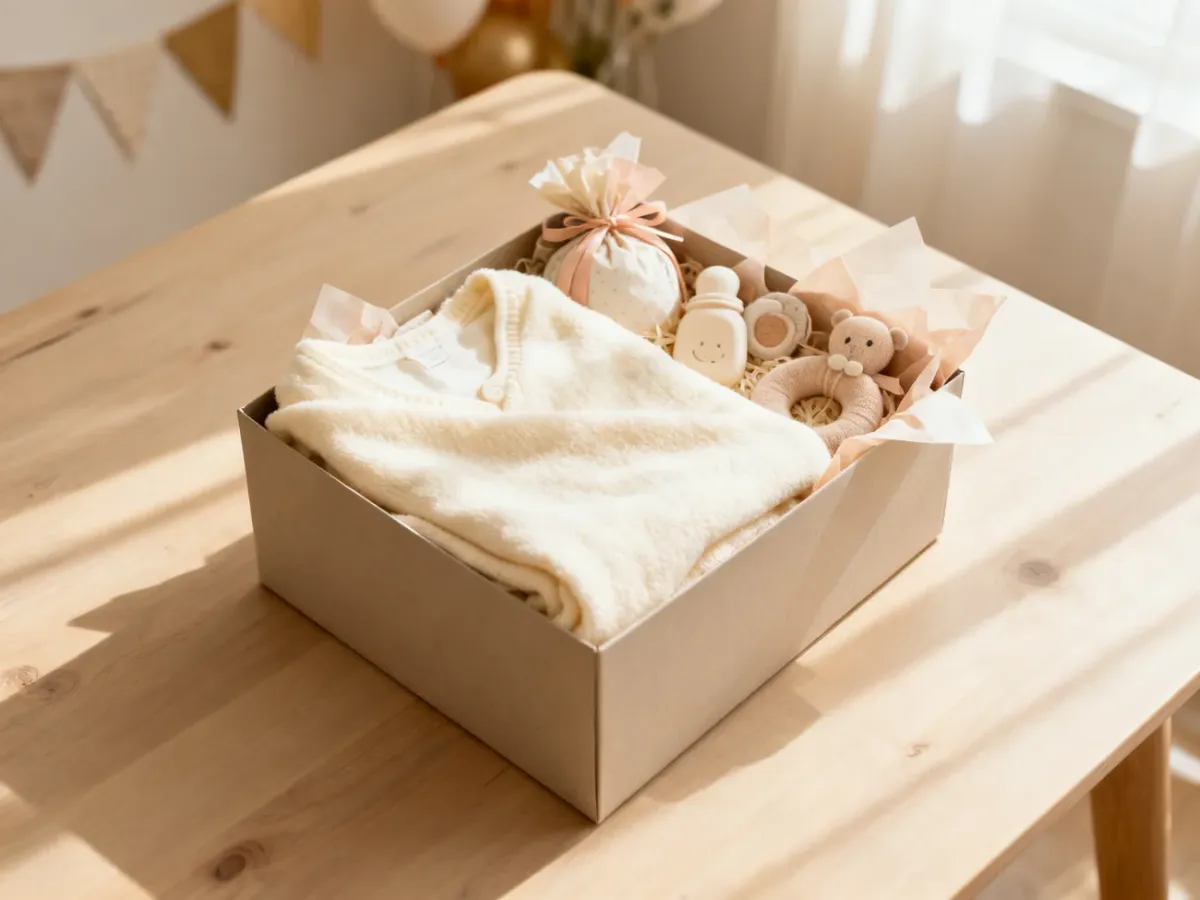 Starannie przygotowany neutralny prezent na baby shower z akcesoriami dla niemowlęcia