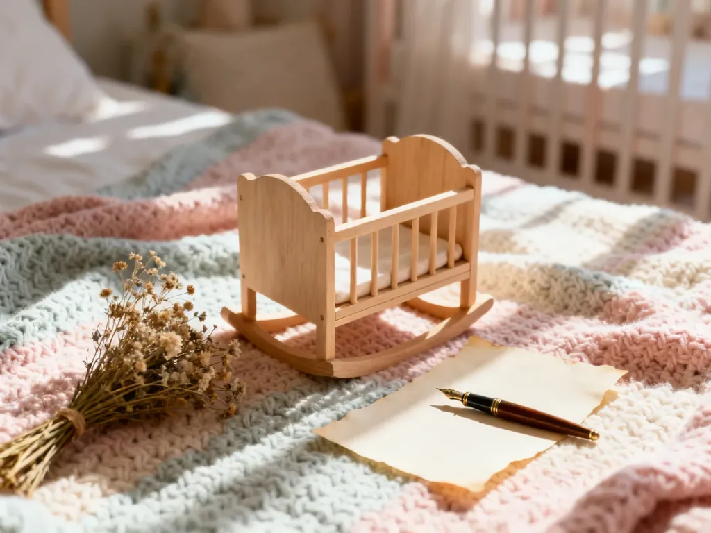 Drewniana kołyska na pastelowym kocyku z pustą kartką na życzenia, tworząca przytulną atmosferę baby shower.