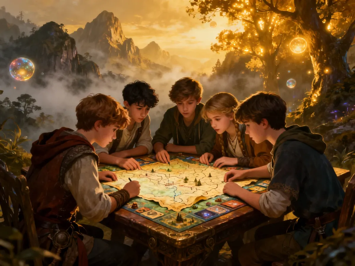 Grupa nastolatków wspólnie planująca przygodową rozgrywkę fantasy