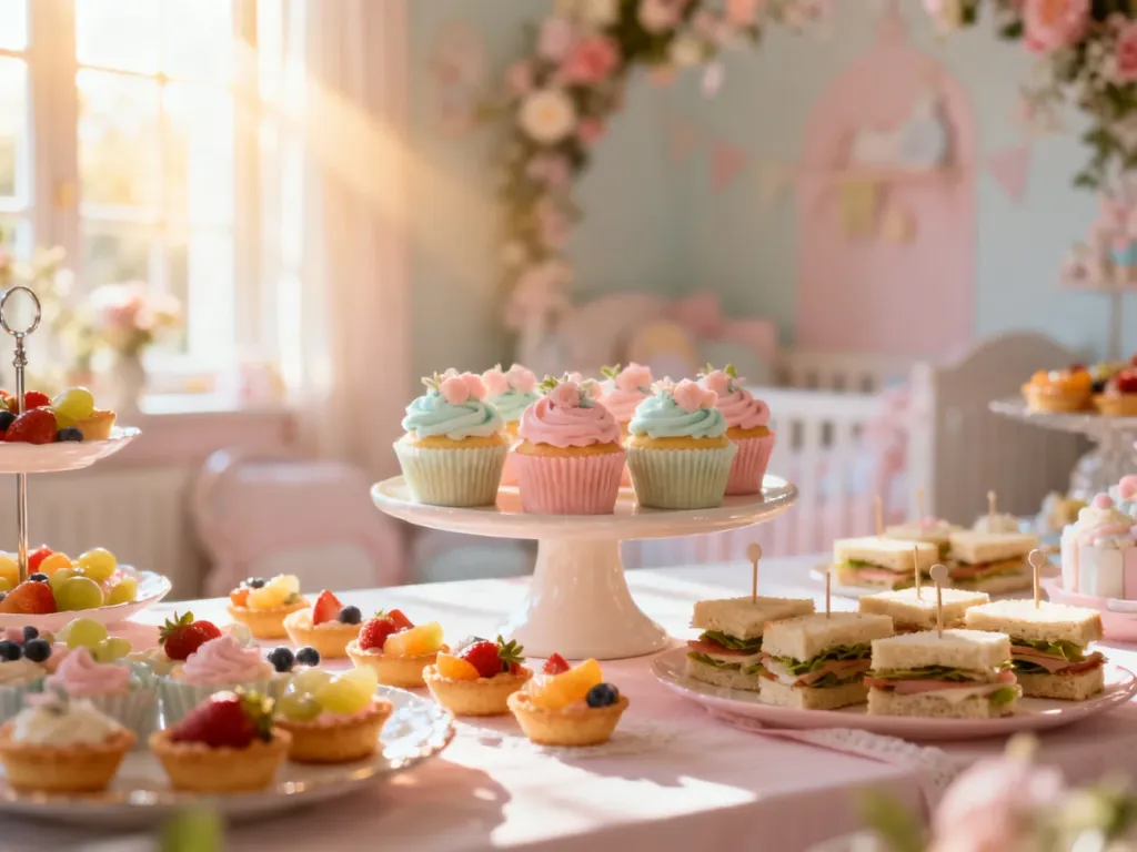 Stół z przekąskami na baby shower: pastelowe babeczki, tartaletki z owocami i eleganckie kanapki w przytulnym wnętrzu.