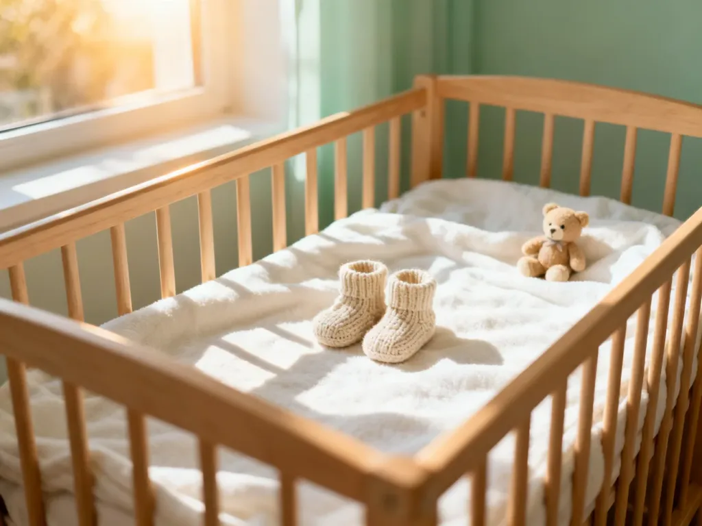 Przytulne łóżeczko dziecięce z dzianinowymi bucikami i pluszowym misiem w słonecznym, minimalistycznym pokoju niemowlęcym.
