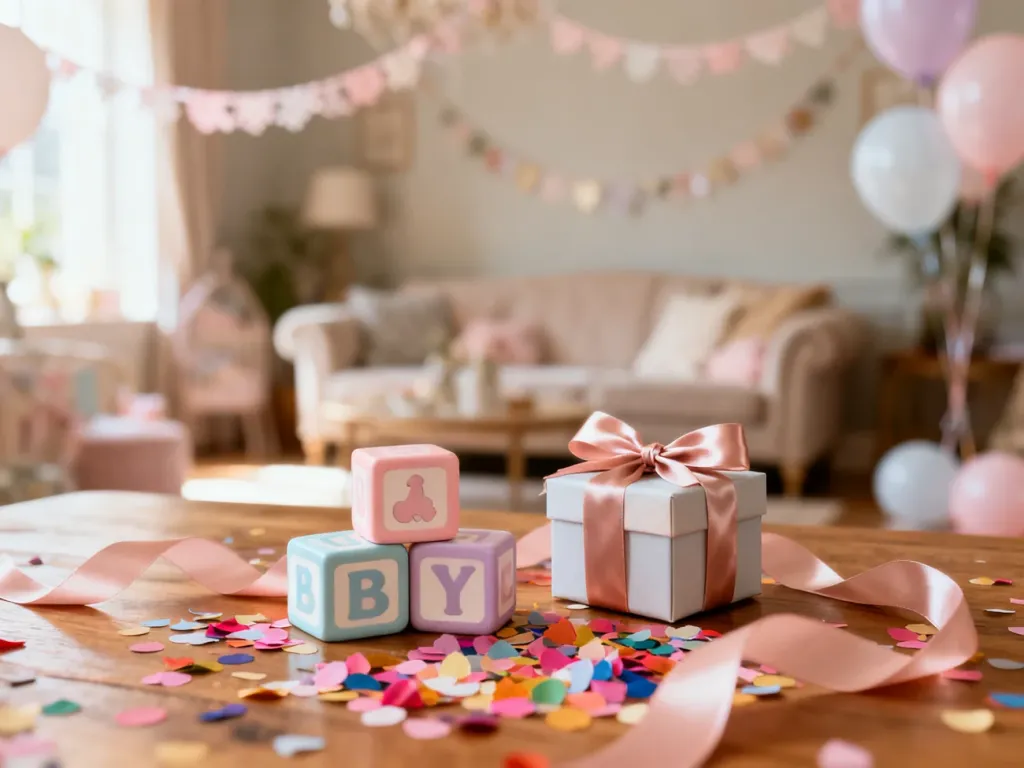 Przytulna dekoracja na baby shower z pastelowymi klockami, prezentem i konfetti na drewnianym stole.
