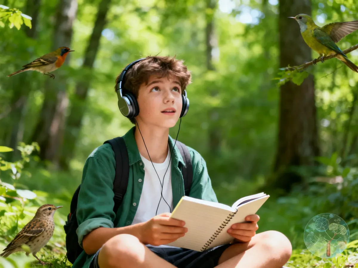 Nastolatek słuchający edukacyjnego podcastu w lesie