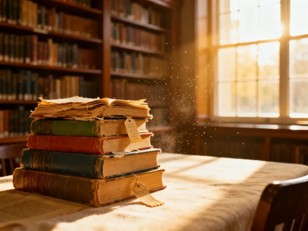 Przytulny kącik czytelniczy w bibliotece z stosem książek w promieniach zachodzącego słońca.