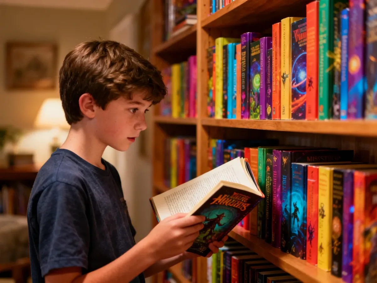 Dwunastolatek wybierający książkę na półce w domowej bibliotece
