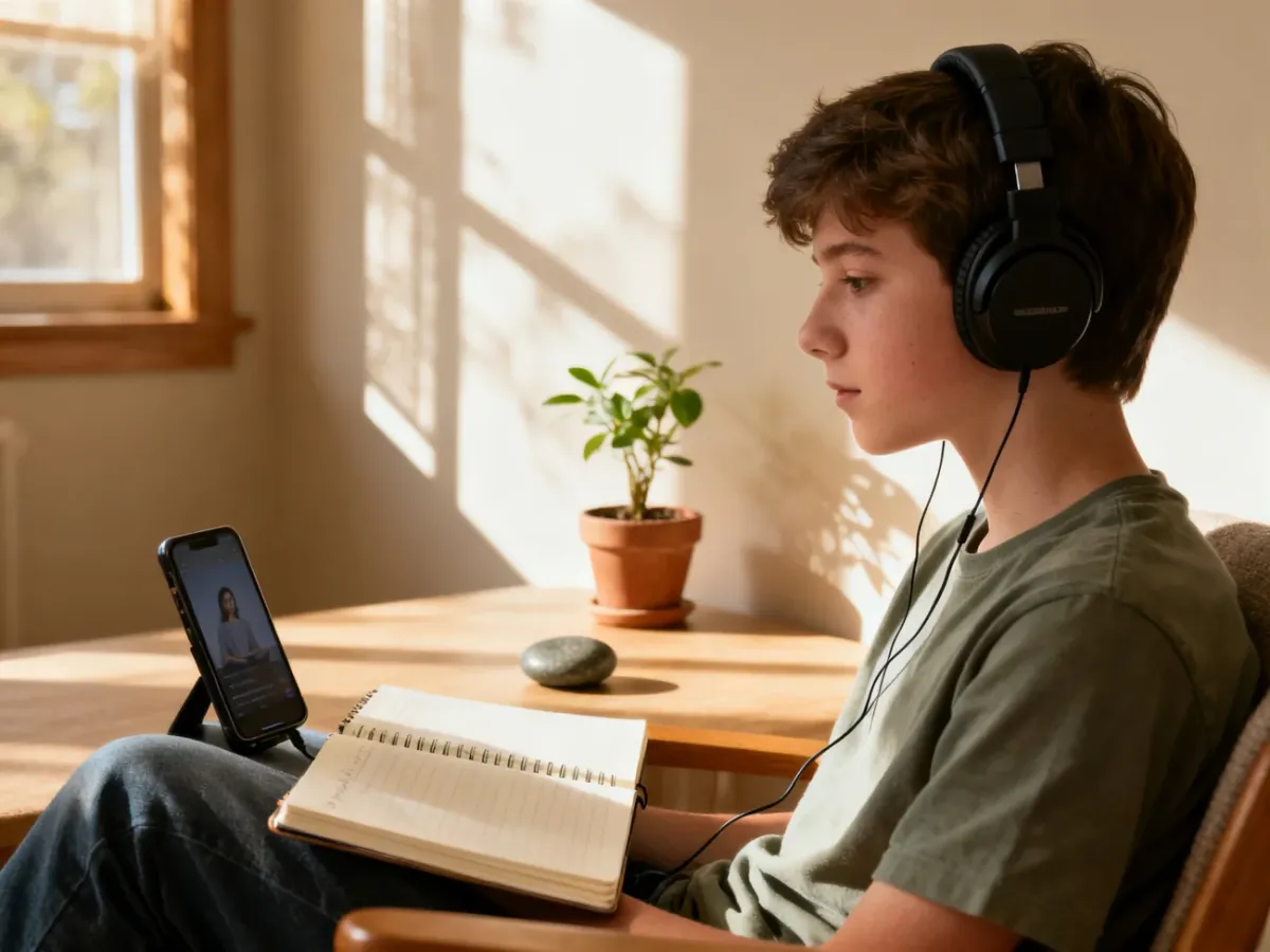 Nastolatek słuchający podcastu w spokojnym wnętrzu