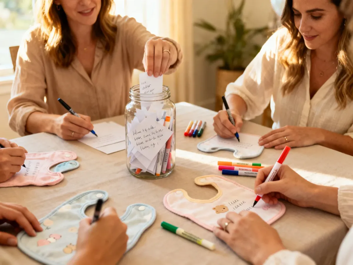 Bliscy goście podczas spokojnego baby shower dekorujący ubranka i zapisujący życzenia dla przyszłej mamy