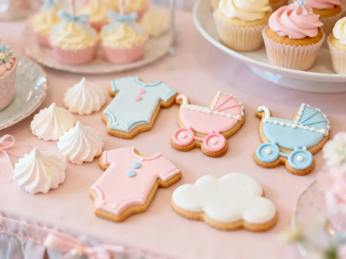 Pastelowy słodki stół z ciasteczkami i bezami