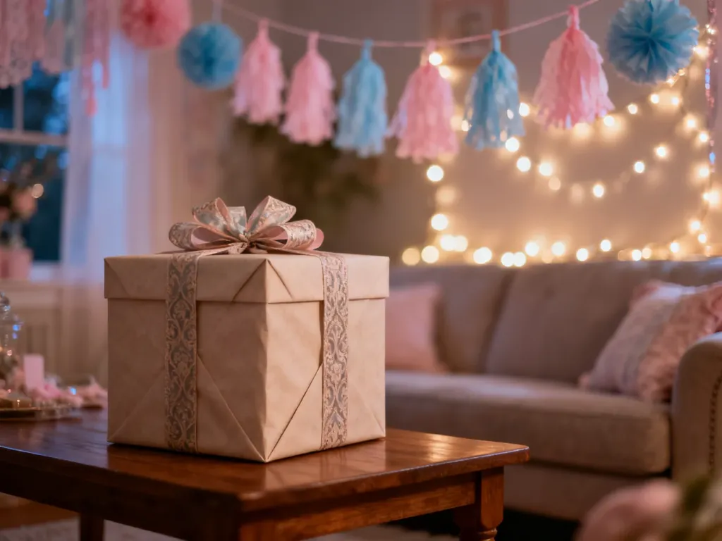 Ozdobne pudełko prezentowe na stole w salonie udekorowanym w pastelowych odcieniach różu i błękitu na przyjęcie gender reveal.