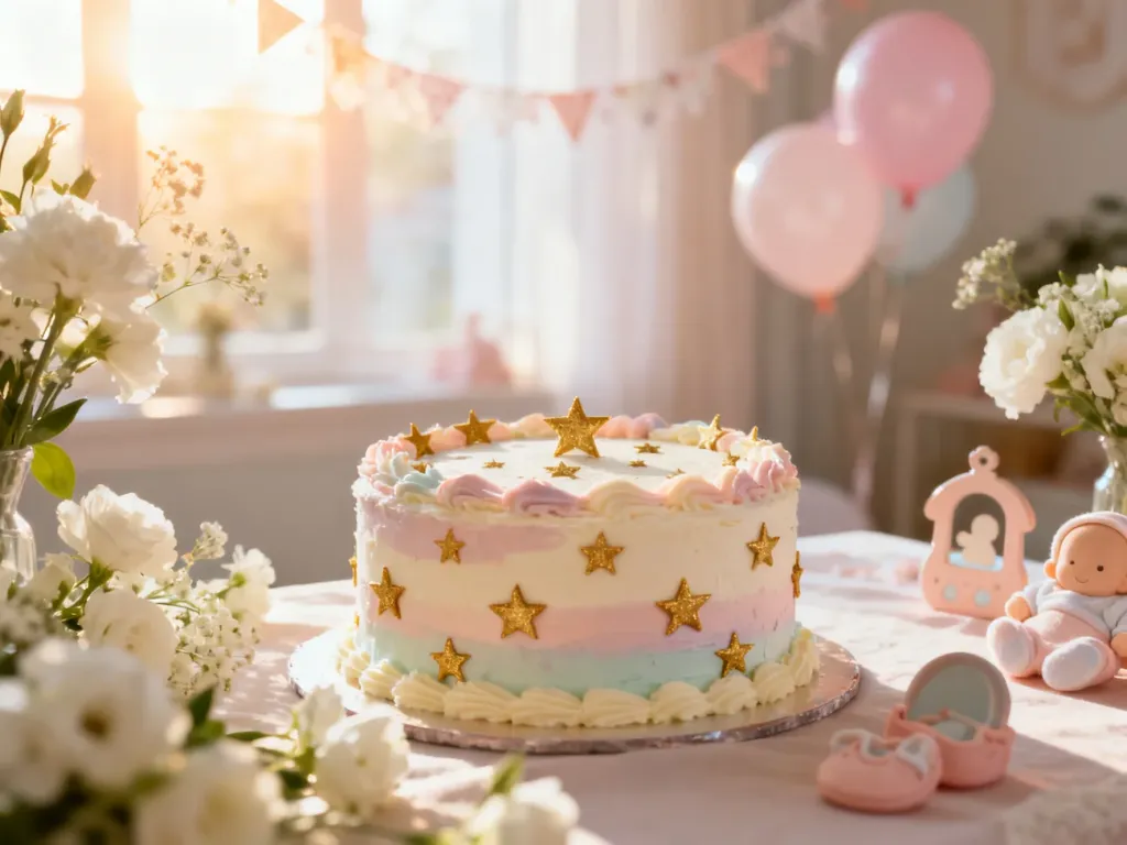 Uroczy stół na baby shower z pastelowym tortem, kwiatami i dekoracjami w jasnym, słonecznym wnętrzu.