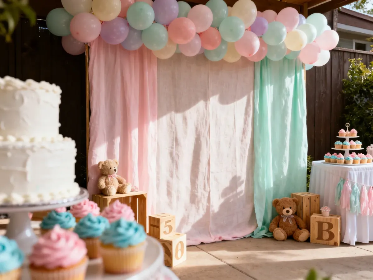 Kącik fotograficzny i słodki stół na baby shower