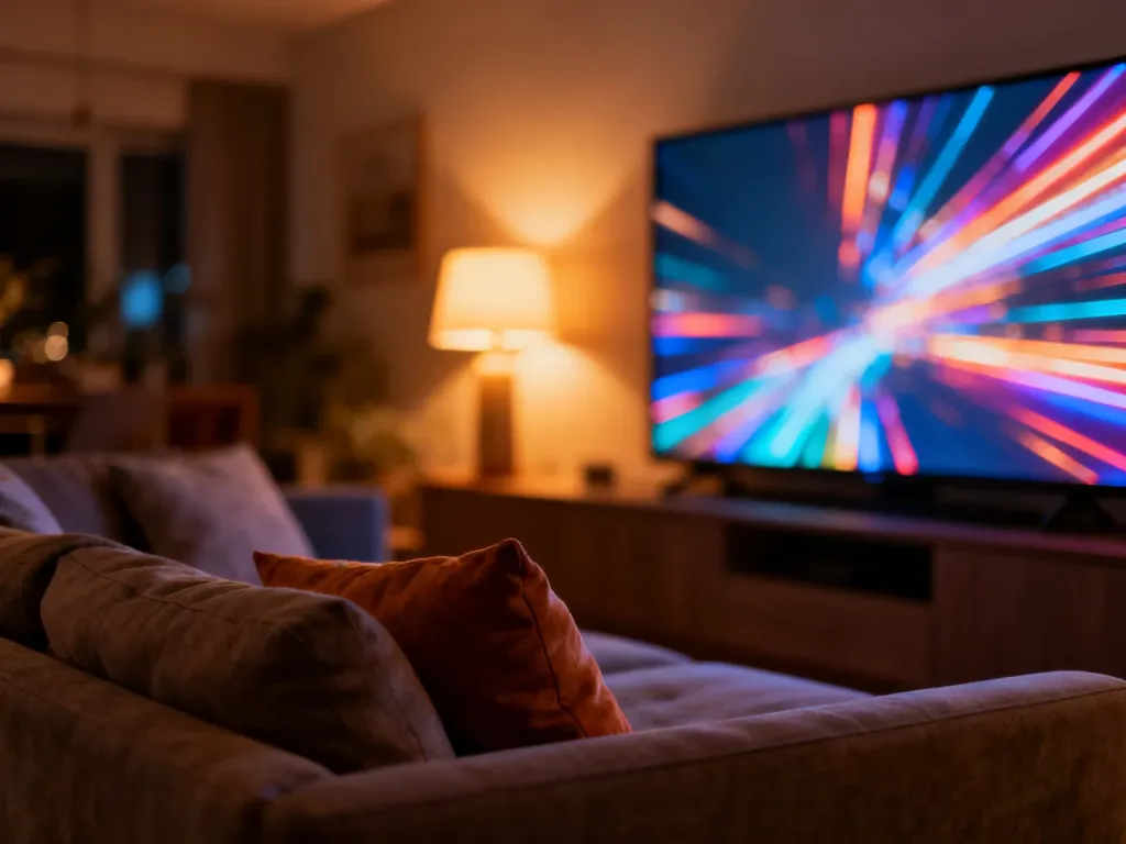 Przytulny salon z wygodną kanapą i włączonym telewizorem, idealny do wspólnego oglądania seriali z rodziną.
