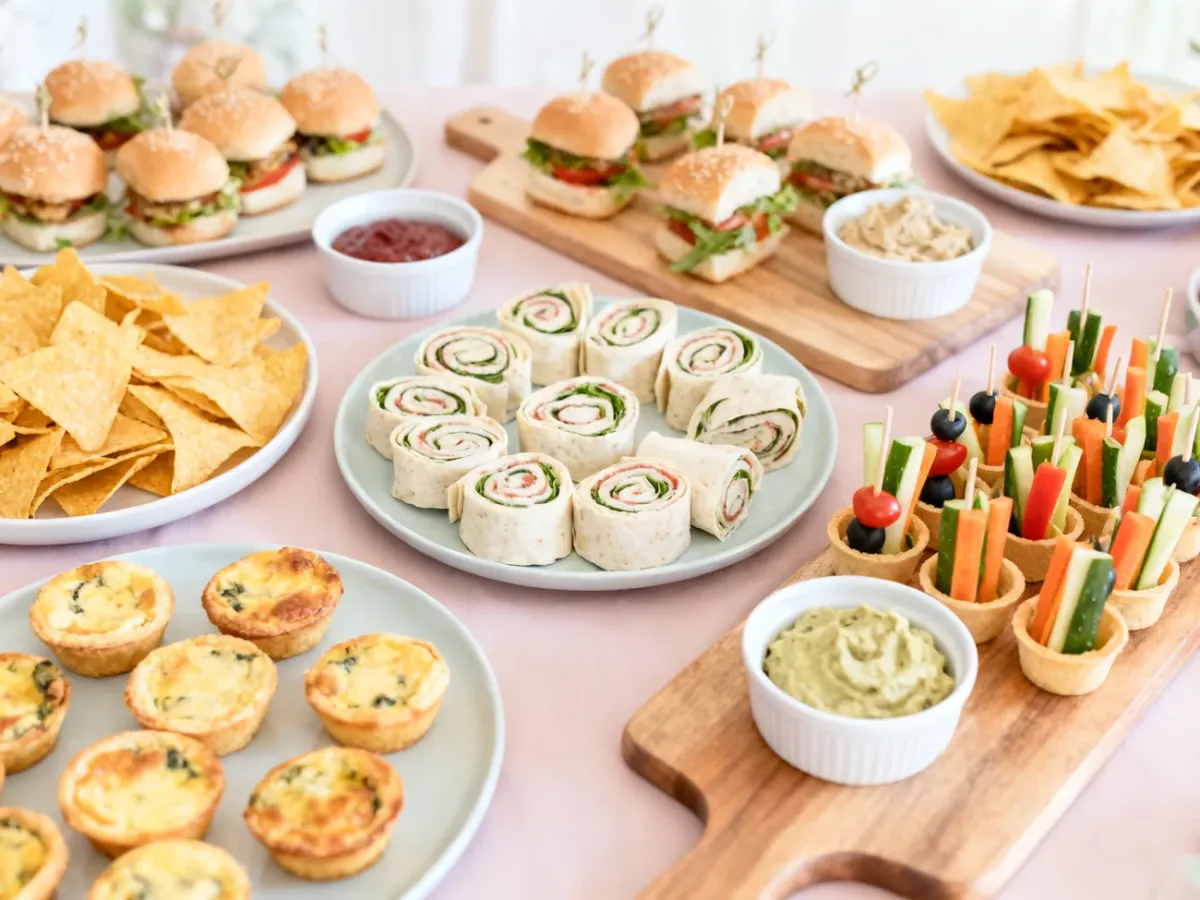 Słone przekąski finger food podane na jasnych półmiskach